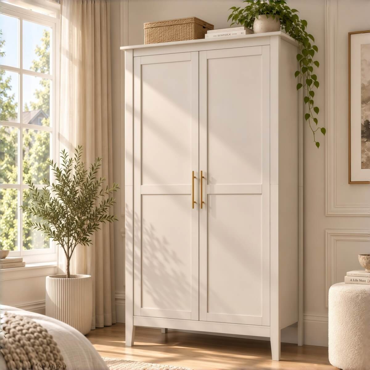 2-Door Freestanding Wardrobe - Hanging Rail, Storage Shelf, Gold Handles and Raised Legs, Cashmere