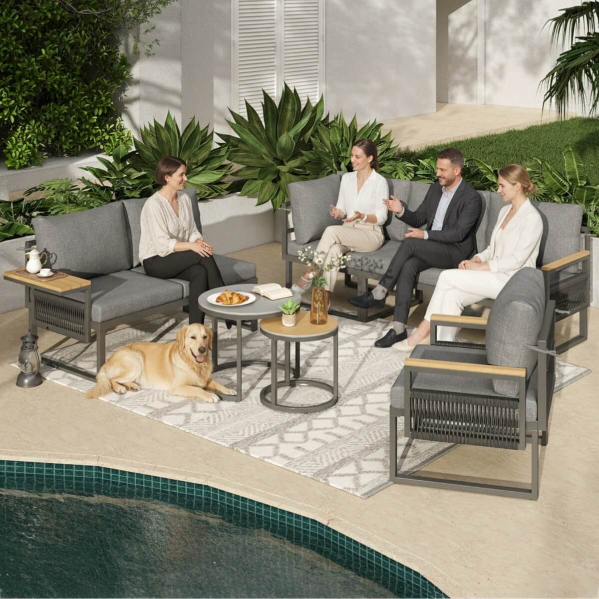 5-6 Seater Rope Woven Garden Furniture Set - Corner Sofa with Armchair and Nesting Coffee Tables, Grey