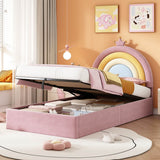 3ft Single Upholstered Storage Bed - Velvet Hydraulic Bed Frame with Rainbow Crown Headboard, Pink