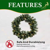 Realistic Christmas Wreath with Pine Cones - Full PVC Foliage Wreath with Pre-Lit LED Lights for Festive Door & Home Decoration