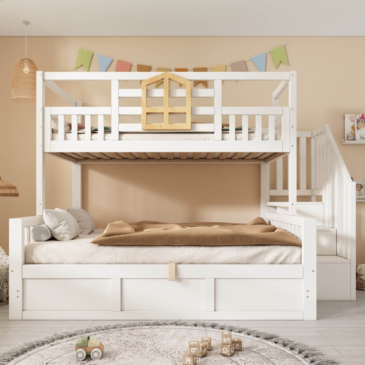 Kids Staircase Bunk Bed with Storage - Wooden Double Bunk Bed with Hydraulic Storage Cubes, White