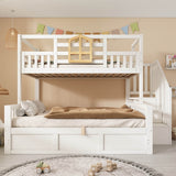 Kids Staircase Bunk Bed with Storage - Wooden Double Bunk Bed with Hydraulic Storage Cubes, White