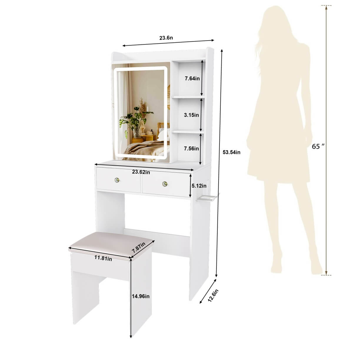 Small Makeup Vanity Desk with Mirror - Adjustable LED Lights, Power Socket, Hair Dryer Holder, Storage Rack & Padded Stool, White