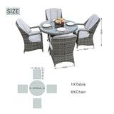 4 Seater Outdoor Rattan Dining Set - Round Garden Table with Tempered Glass Top & Parasol Hole