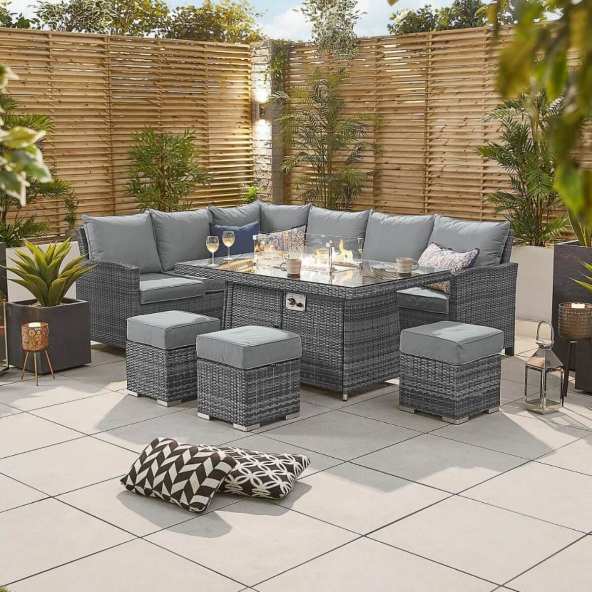 8-Seater Outdoor Corner Sofa Set with Rectangular Fire Pit Table and 3 Footstools - PAF-16591