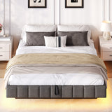 4ft6 Double Floating Bed Frame - Hydraulic Storage, RGB LED Lights, Grey Linen
