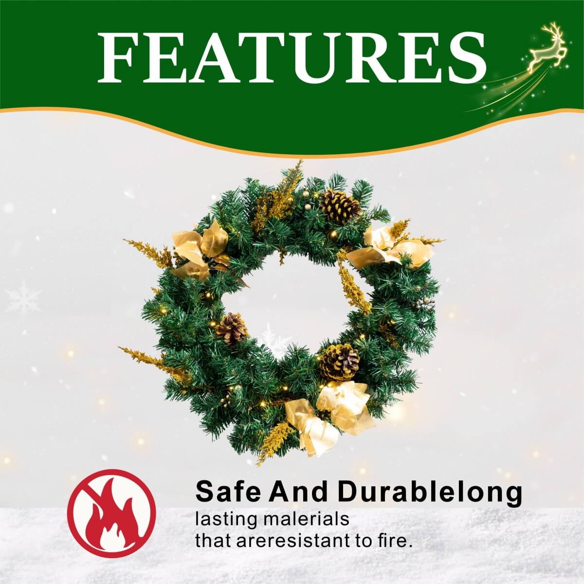 Christmas Wreath with Gold Flowers & Red Berries - PVC Wreath with Pre-Lit LED Lights & Gold Branches