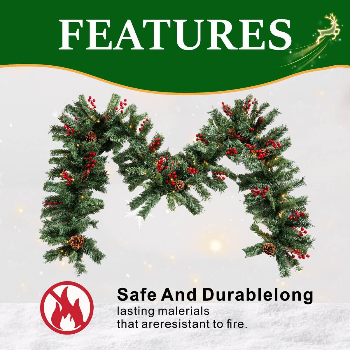 PVC Christmas Garland - Pine Cones & Red Berries with Pre-Lit LED Lights