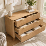 3-Drawer Chest of Drawers - Fluted Bedroom Storage Unit with Rounded Corners, Gold Handles and 4 Solid Wood Legs, Natural Oak Effect