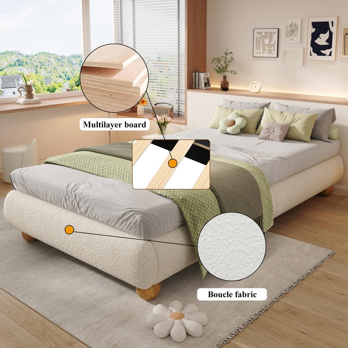 3ft Single Upholstered Bed Frame – Beige Boucle Bed with Sturdy Slats, 90×190cm