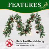 Realistic PVC Christmas Garland - Lush Foliage with Pine Cones, Red Berries & Pre-Lit LED Lights