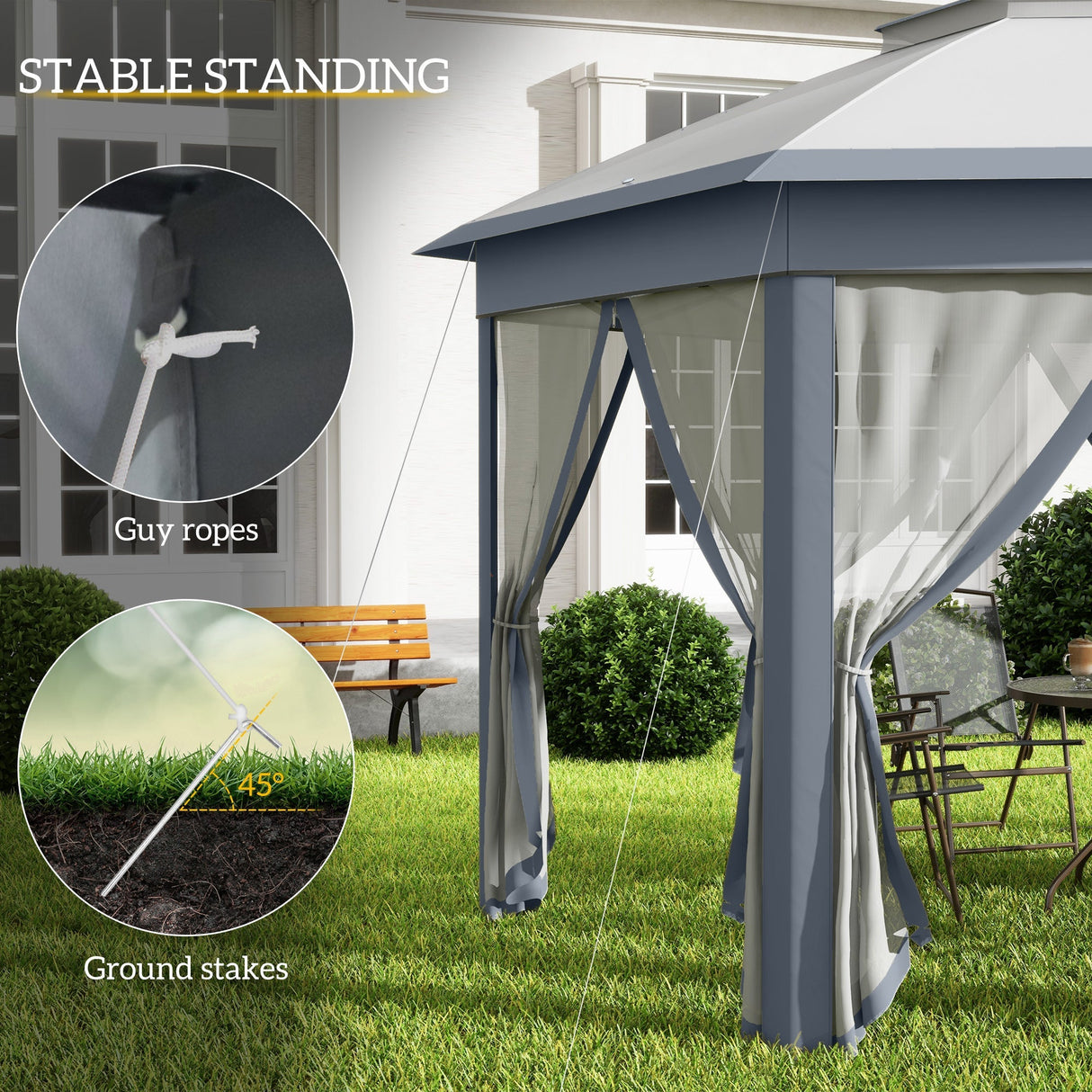 Metal Frame Hexagon Gazebo, 3 x 4m with Curtains - Grey