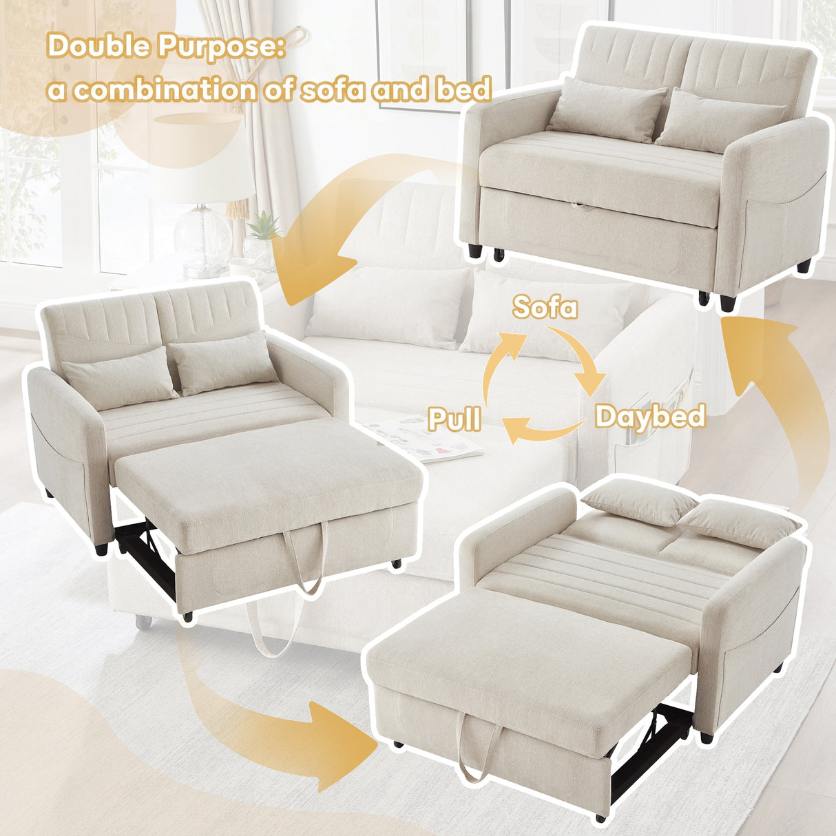 [Sofa Bed with Sleeping Function] Two-Seater Fold-Out Sofa, Pull-Out Design, Simple and Modern, Contemporary Style, Three-Level Adjustable Backrest, Breathable Cotton-Linen Fabric