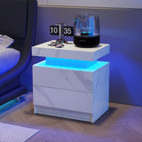 Nightstand LED Bedside Table with 2 Drawers, White Stone