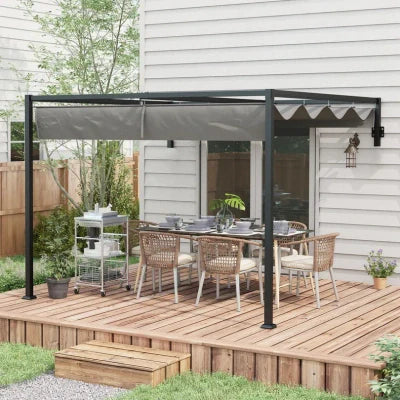 Lean To Steel Pergola, 2 x 3m with Moving Fabric Canopy - Dark Grey