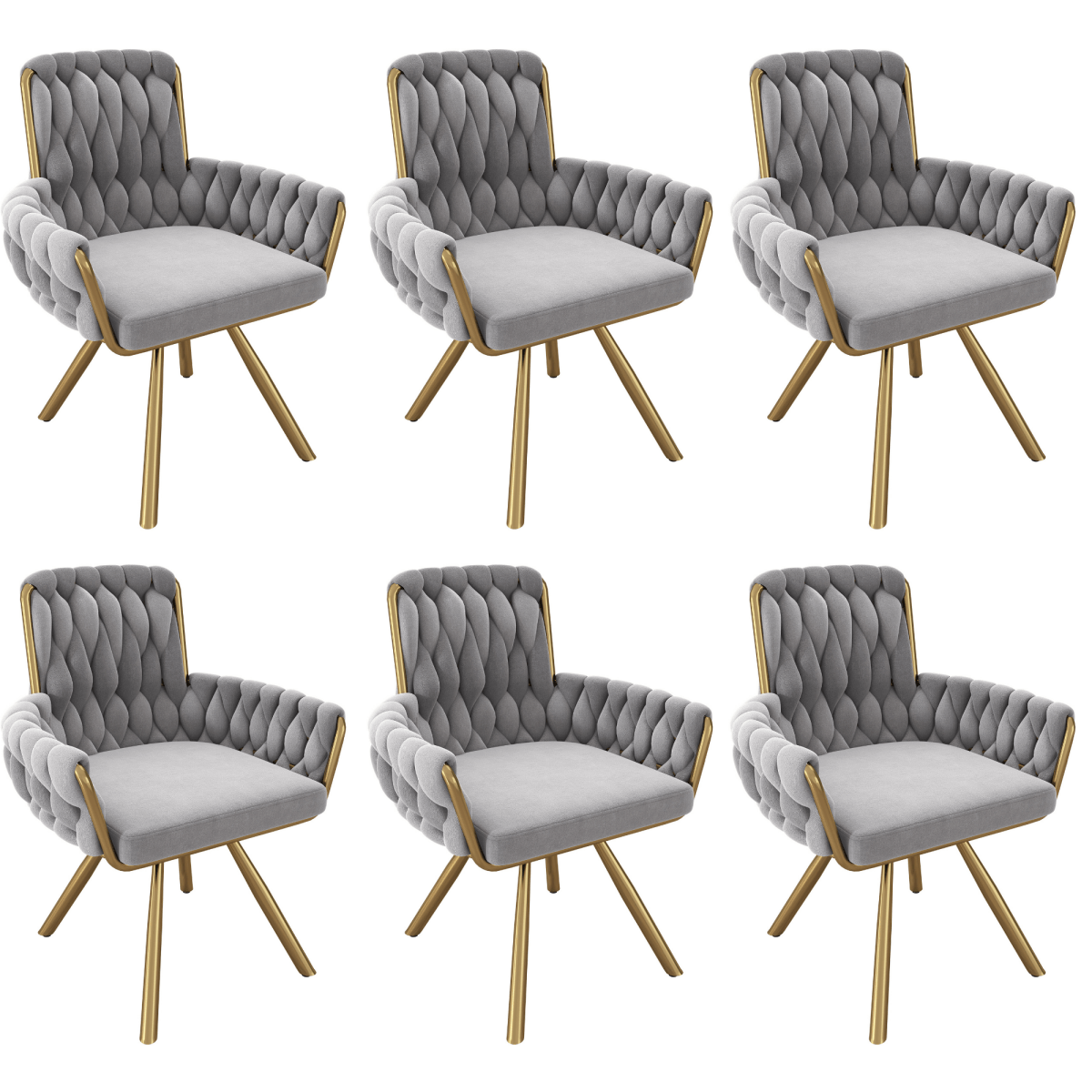 Set of 6 Velvet Dining Chairs - Luxury Swivel Accent Chairs with Metal Legs, Grey