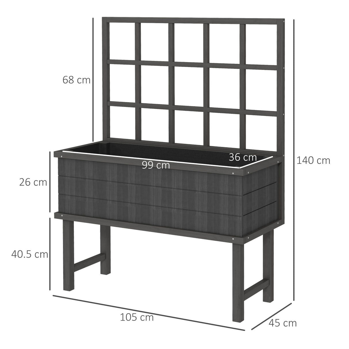 Wooden Garden Planter with Trellis, 45 x 105cm, Grey