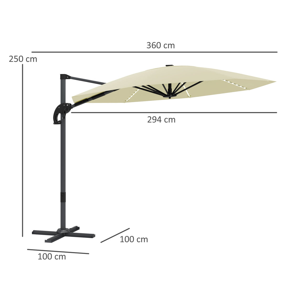 Cantilever Garden Parasol with Solar Lights, 360?? Rotation, Cream