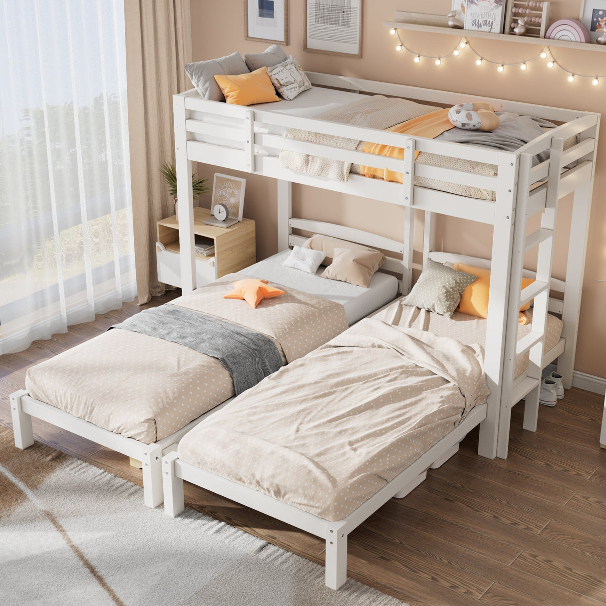 3ft Triple Sleeper Bunk Bed with Side Ladder ¨C White Wooden Bed for Kids & Teens