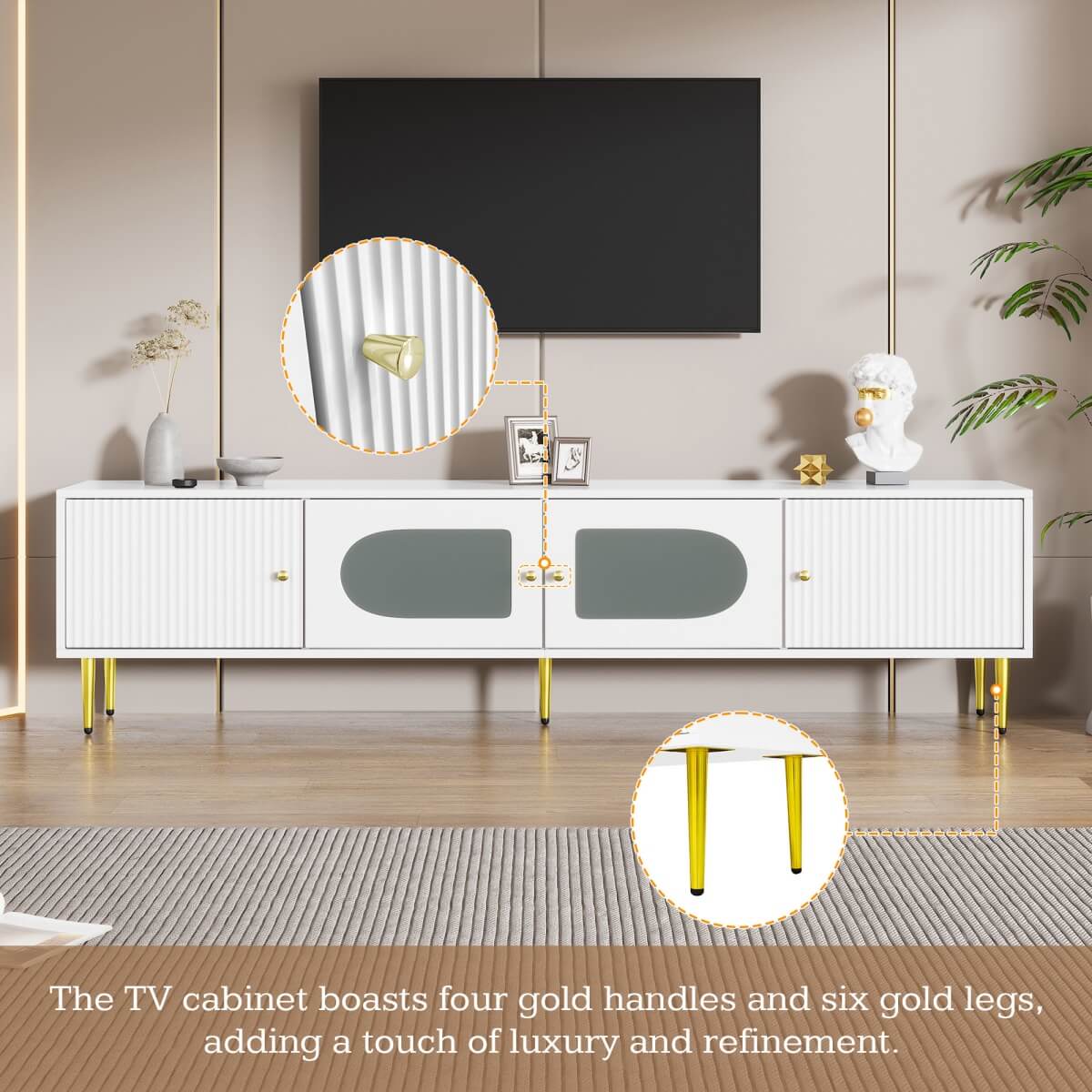 Modern TV Stand with Storage - 4 Door TV Cabinet with Glass Doors, Fits up to 70 Inch TV
