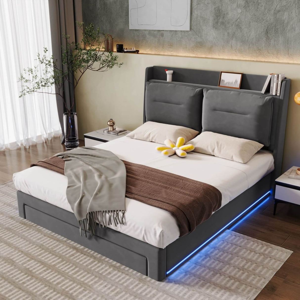 4ft6 Double Upholstered Storage Bed – Velvet Hydraulic Bed with End Drawers, Recessed LED Light Strips & Slatted Frame