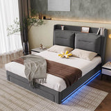 4ft6 Double Upholstered Storage Bed – Velvet Hydraulic Bed with End Drawers, Recessed LED Light Strips & Slatted Frame