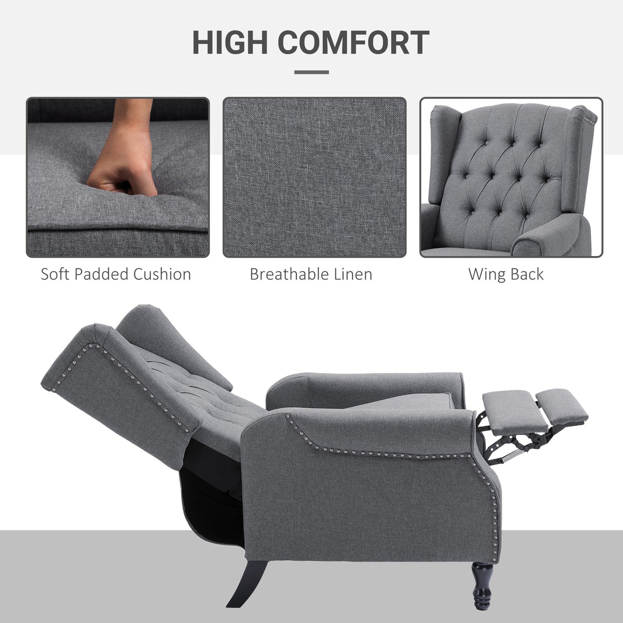 Recliner Armchair, Wingback with Footrest, Grey