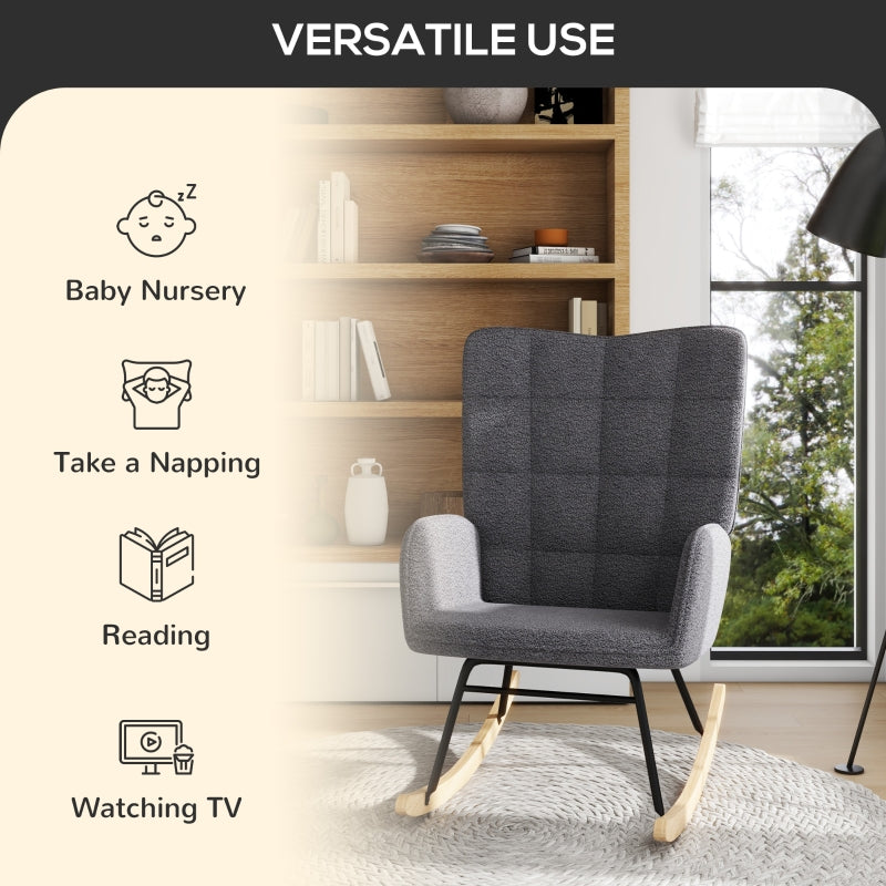 Berber Fleece Glider Rocker, Nursing Wingback Rocking Chair, Dark Grey