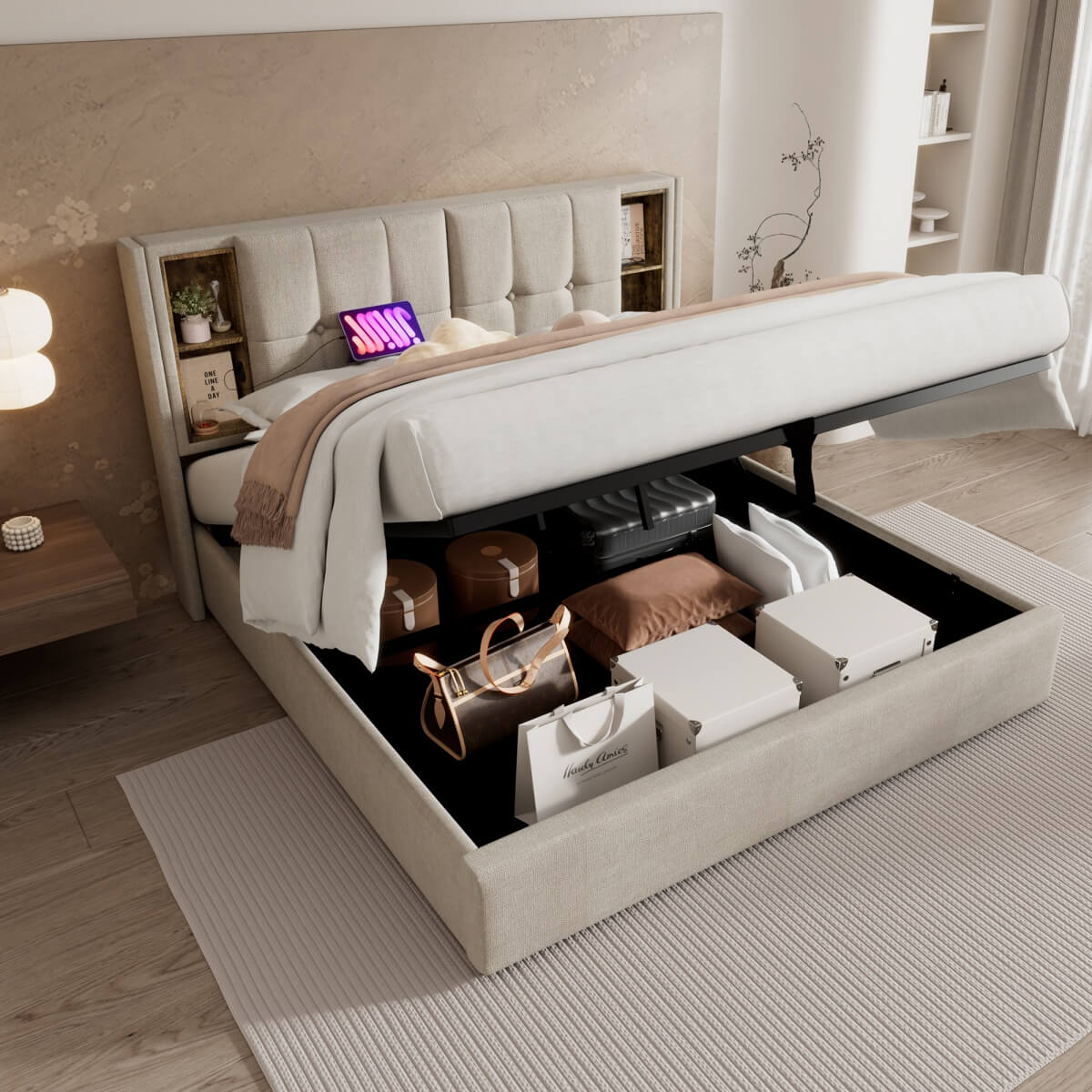4ft6 Double Ottoman Bed Frame - Upholstered Storage Bed with Wireless Charging & USB C, Natural