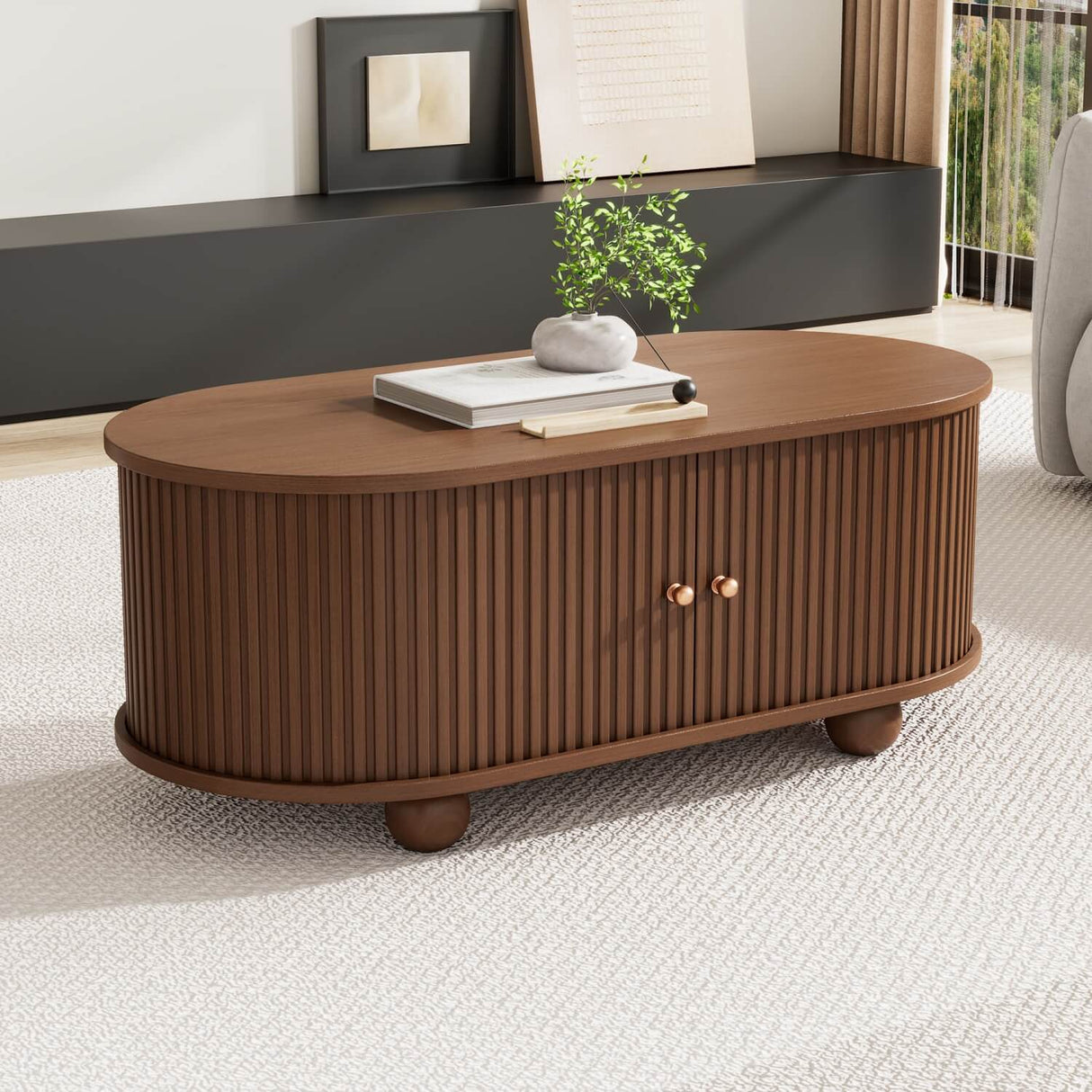 Oval Coffee Table – Oak MDF with 2 Sliding Doors, Hidden Storage Compartment