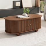 Oval Coffee Table – Oak MDF with 2 Sliding Doors, Hidden Storage Compartment