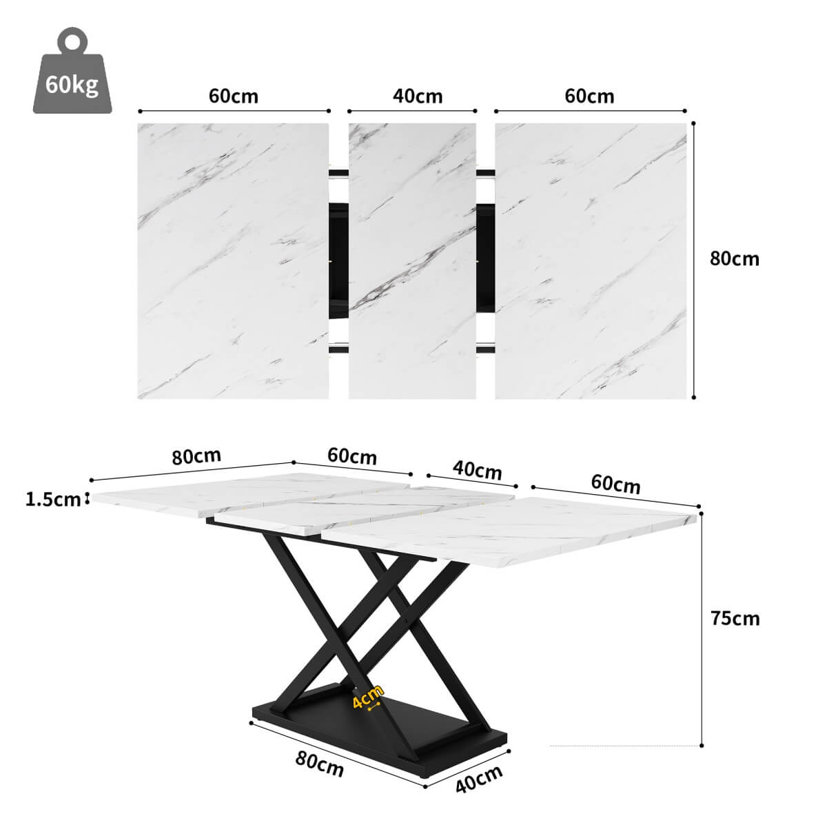 Extendable Dining Table 120-160cm - White Marble Effect Top, Black Cross Legs