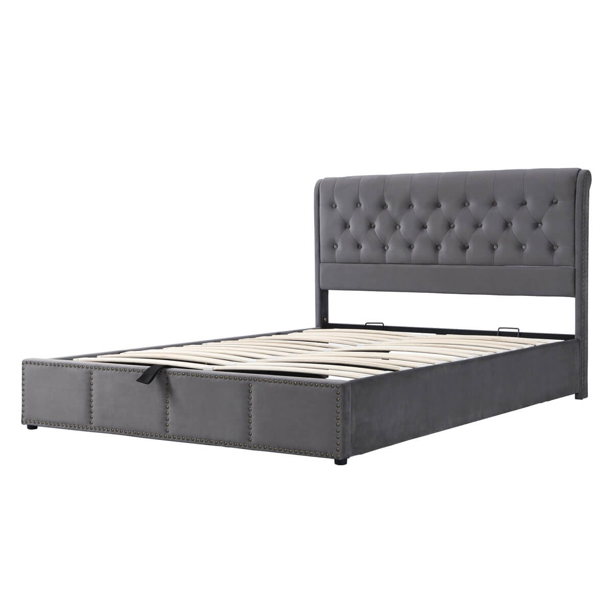5ft King Size Velvet Ottoman Bed - Hydraulic Storage Bed with Rivet Detail, Grey