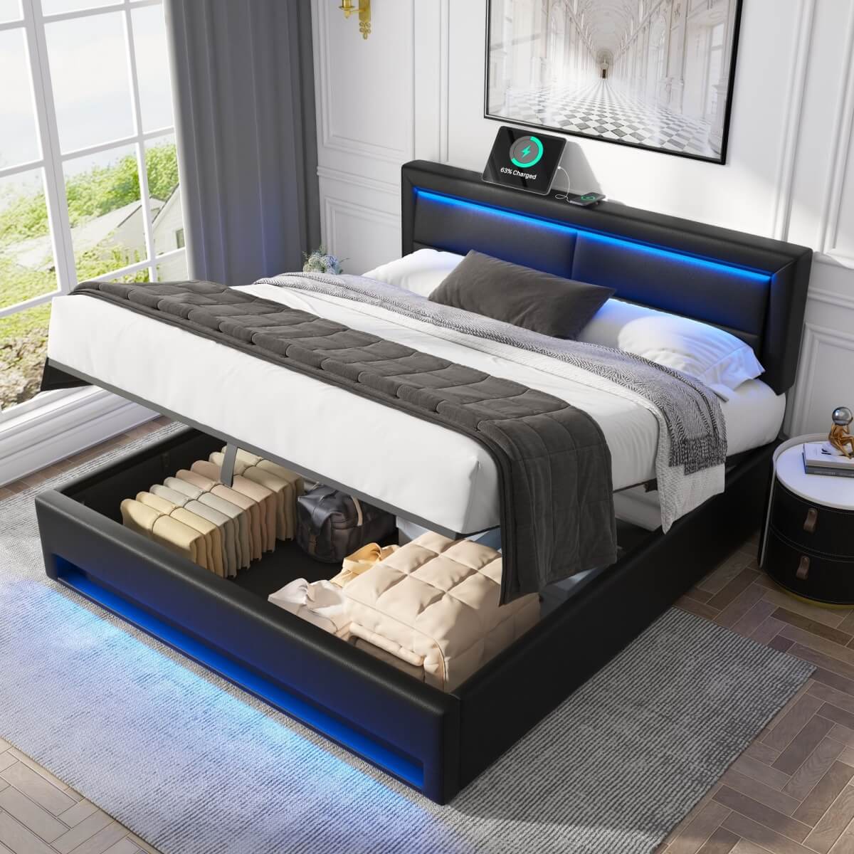 4ft6 Double Upholstered LED Storage Bed - USB & Wireless Charging Bed Frame, Black