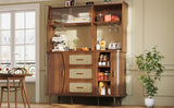 High-quality sideboard with rattan look and glass sliding doors, 174.5 cm high kitchen cabinet with storage space, natural wood/walnut look