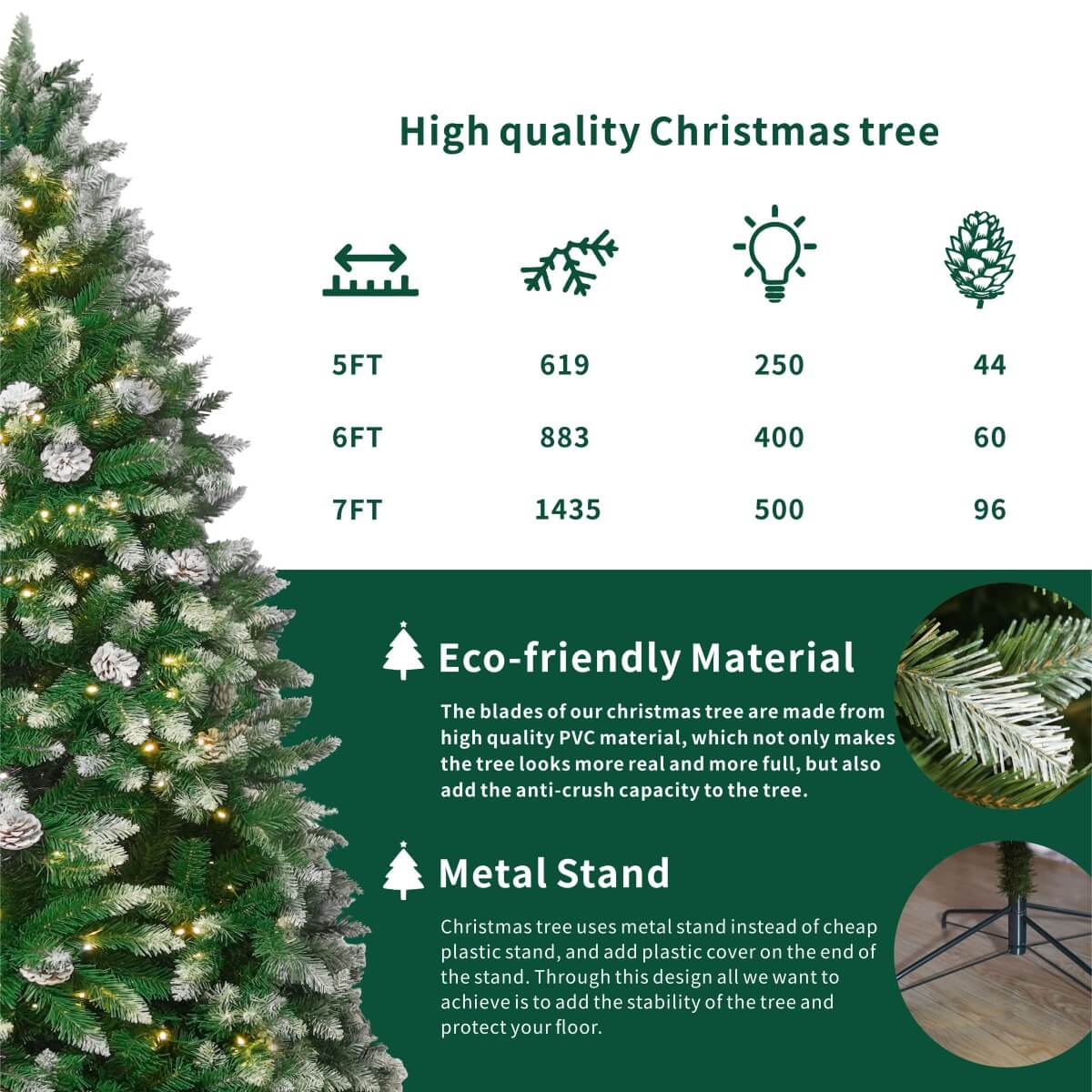 Snow Flocked Artificial Christmas Tree with Pine Cones - Pre-Lit or Unlit PVC Xmas Tree, Warm White LEDs, 5ft 6ft 7ft