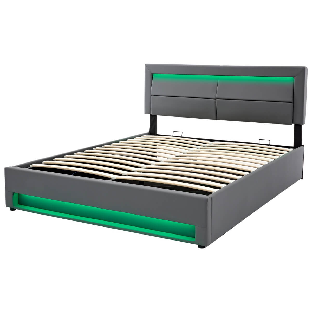 4ft6 Double Upholstered Bed - LED Storage Bed with USB & Wireless Charging, Grey