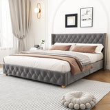Upholstered Double Bed (4ft6/135x190cm) with Slatted Frame, Headboard, Button & Rivet Upholstery, Wooden Legs, Grey Velvet