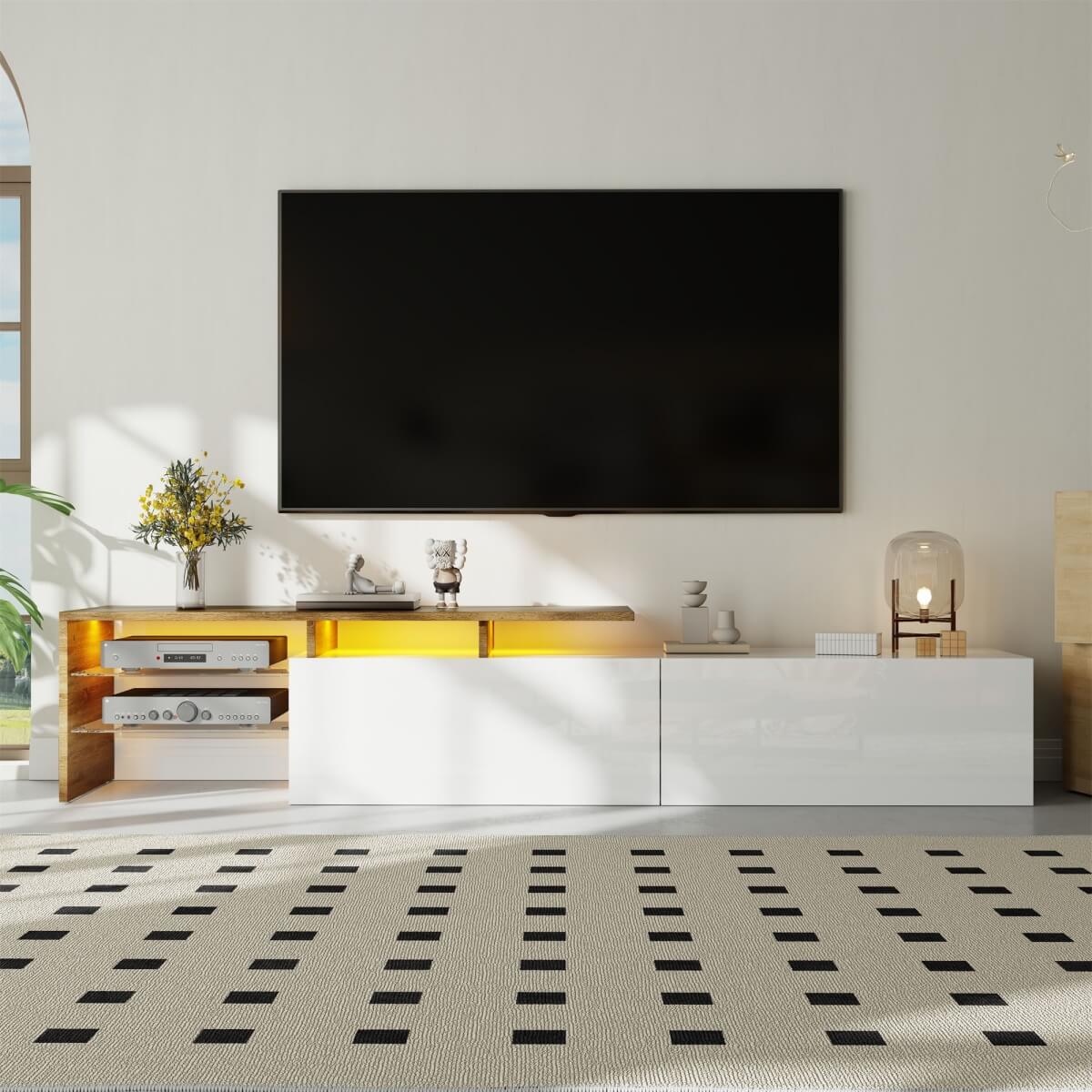 Modern LED TV Unit - High Gloss White TV Cabinet with Glass Shelves and Storage