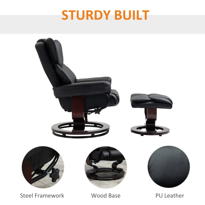 360?? Swivel Recliner Chair with Footstool, Manual Recliner Armchair, Black PU Leather