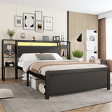Metal Iron Bed 4ft6 Double 135x190cm with LED Lights & Charging Ports (2A/1C), One-Piece Bedside Table, Black