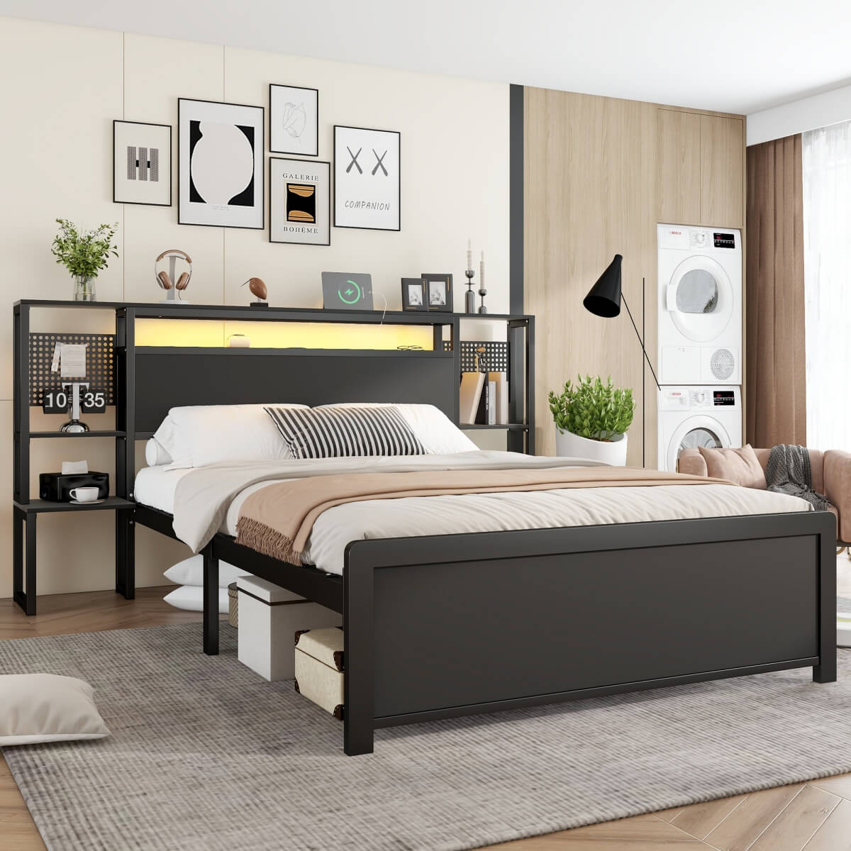 4ft6 Double Metal Bed Frame with LED Lights and Integrated Bedside Table - Black Iron Bed with 2 USB-A Ports and 1 USB-C Charging Port