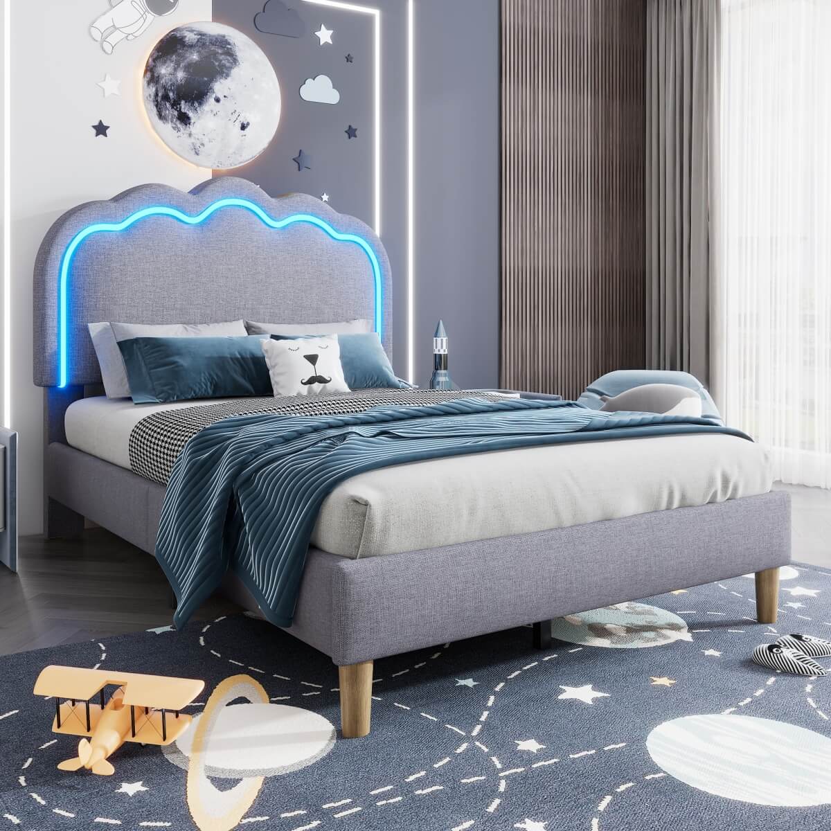 3ft Single Upholstered Bed with LED Lights - Linen Bed Frame with Adjustable Headboard, Grey