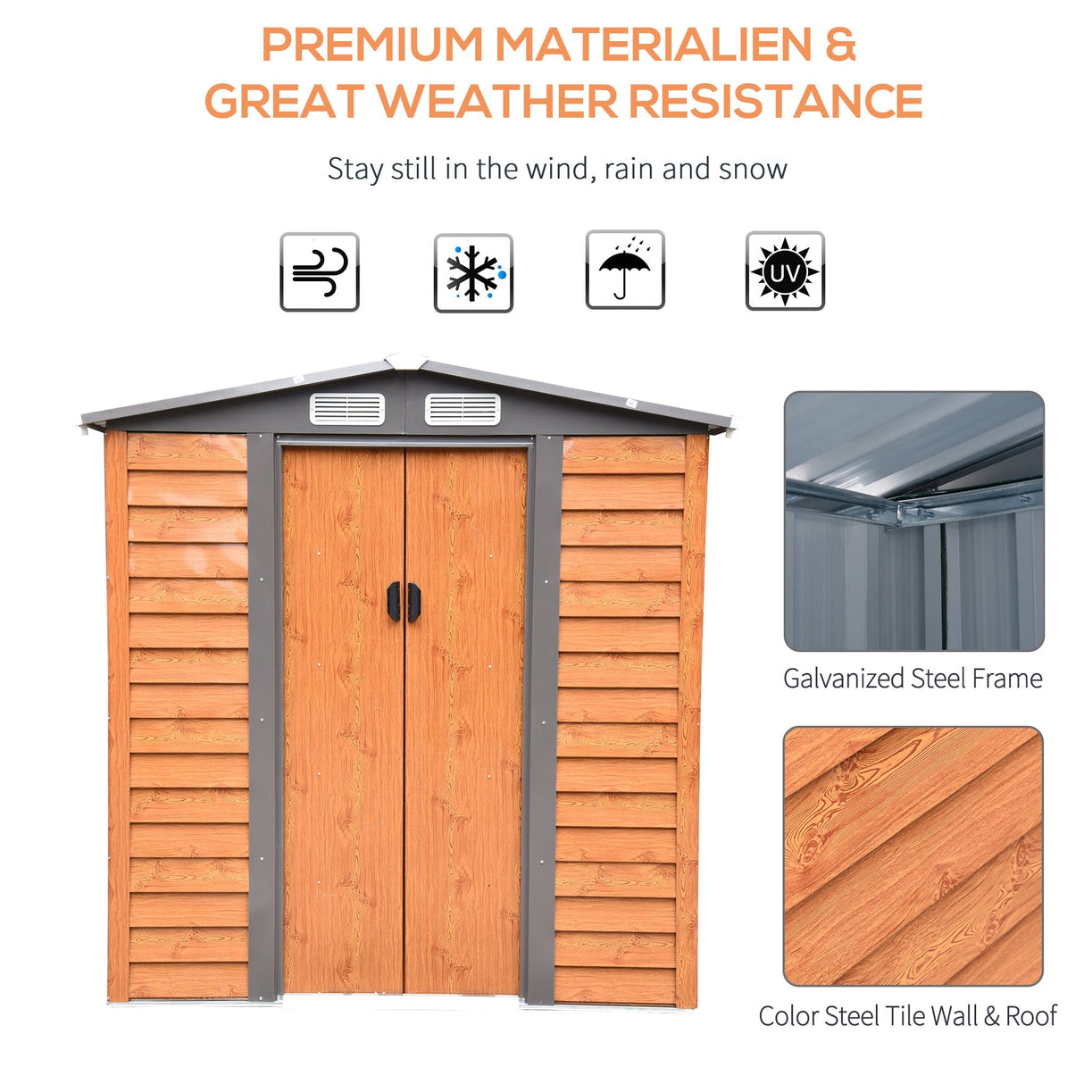Metal Garden Shed with Ventilations, Sliding Door, Sloped Roof, Brown