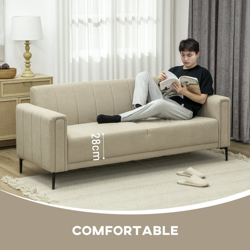 3 Seater Sofa, Modern Channel Tufted Upholstered Couch, Khaki Fabric