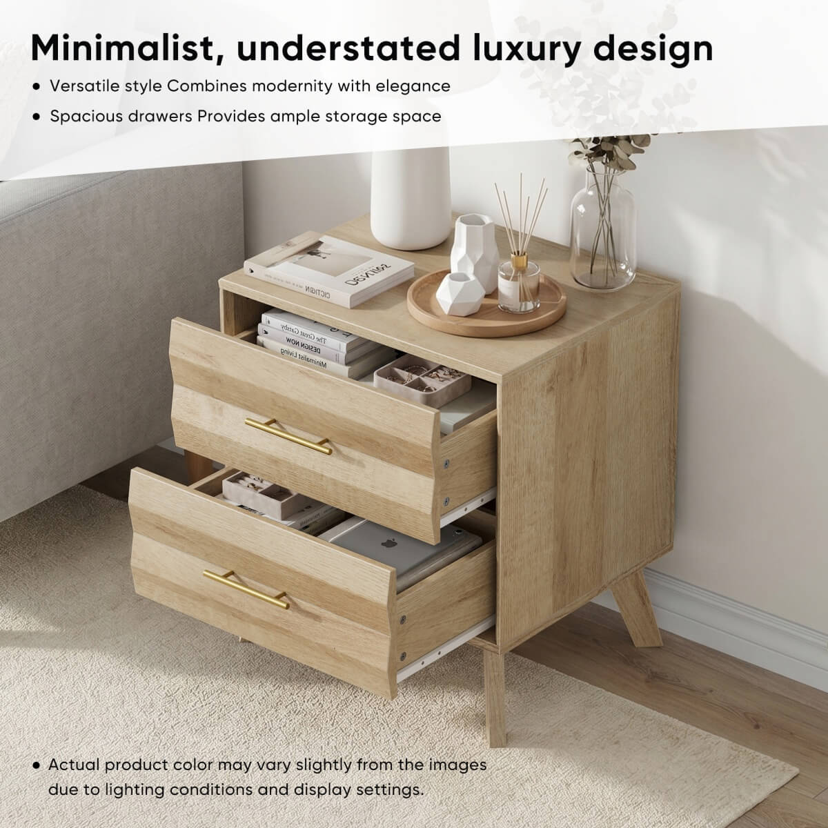 Single Bedside Table with 2 Drawers - Modern Bedroom Storage Cabinet with Metal Handles, Oak Effect
