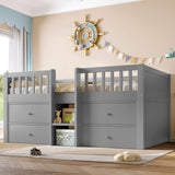 3ft Single Kids Low Loft Bed with Storage Drawers – Grey Solid Wood Space-Saving Bed Frame with Guardrail