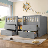 3ft Single Kids Low Loft Bed with Storage Drawers – Grey Solid Wood Space-Saving Bed Frame with Guardrail