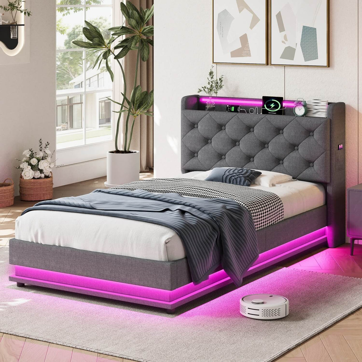 3ft Single Ottoman Bed with LED Headboard & Charging Station - Upholstered Storage Bed Frame, Grey
