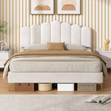 4ft6 Double Velvet Bed Frame - Scalloped Tufted Headboard, Adjustable Height, Gold Legs, Beige